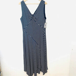 Spense Long Dress XL Navy Blue Whie Stripe Jersey Knit Asymmetric Hem Sleeveless